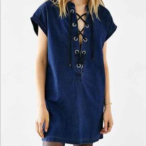 Urban Outfitters Courtshop Denim Laceup Tunic Dress Size XS Jean Mini Y2K Cute